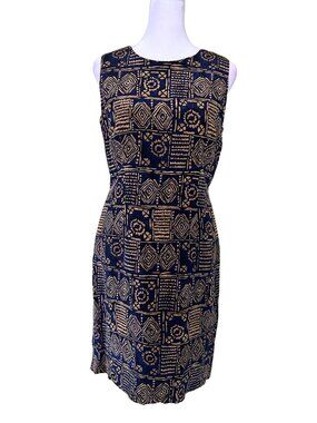 100% Silk Vintage Sleeveless Navy and Tan Geometric Sheath Dress
